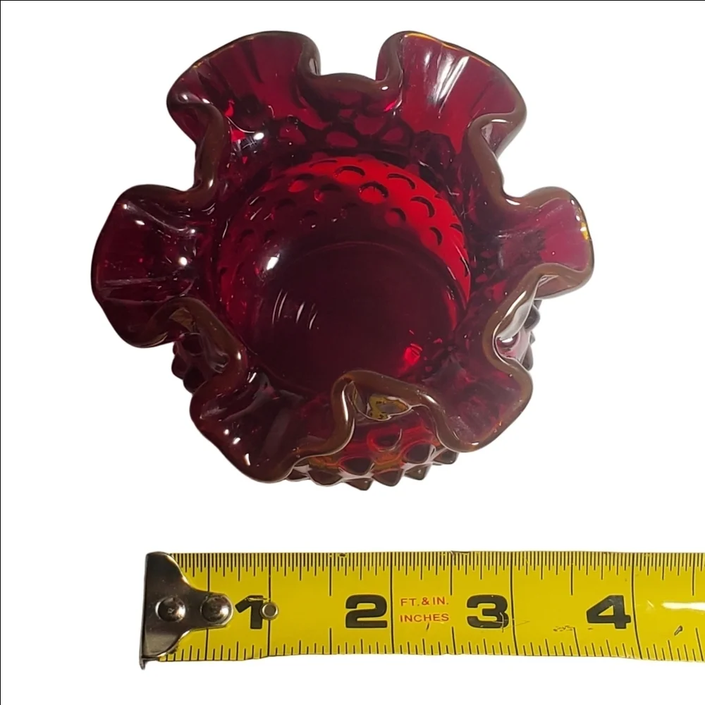 Vintage FENTON Ruby Red Amberina Hobnail Rose Bowl Ruffled Edge Vase Art Glass